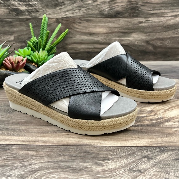 Earth Modena Marigold Espadrille Platform Wedge Slide Sandal 8.5M Black Leather - Picture 5 of 11